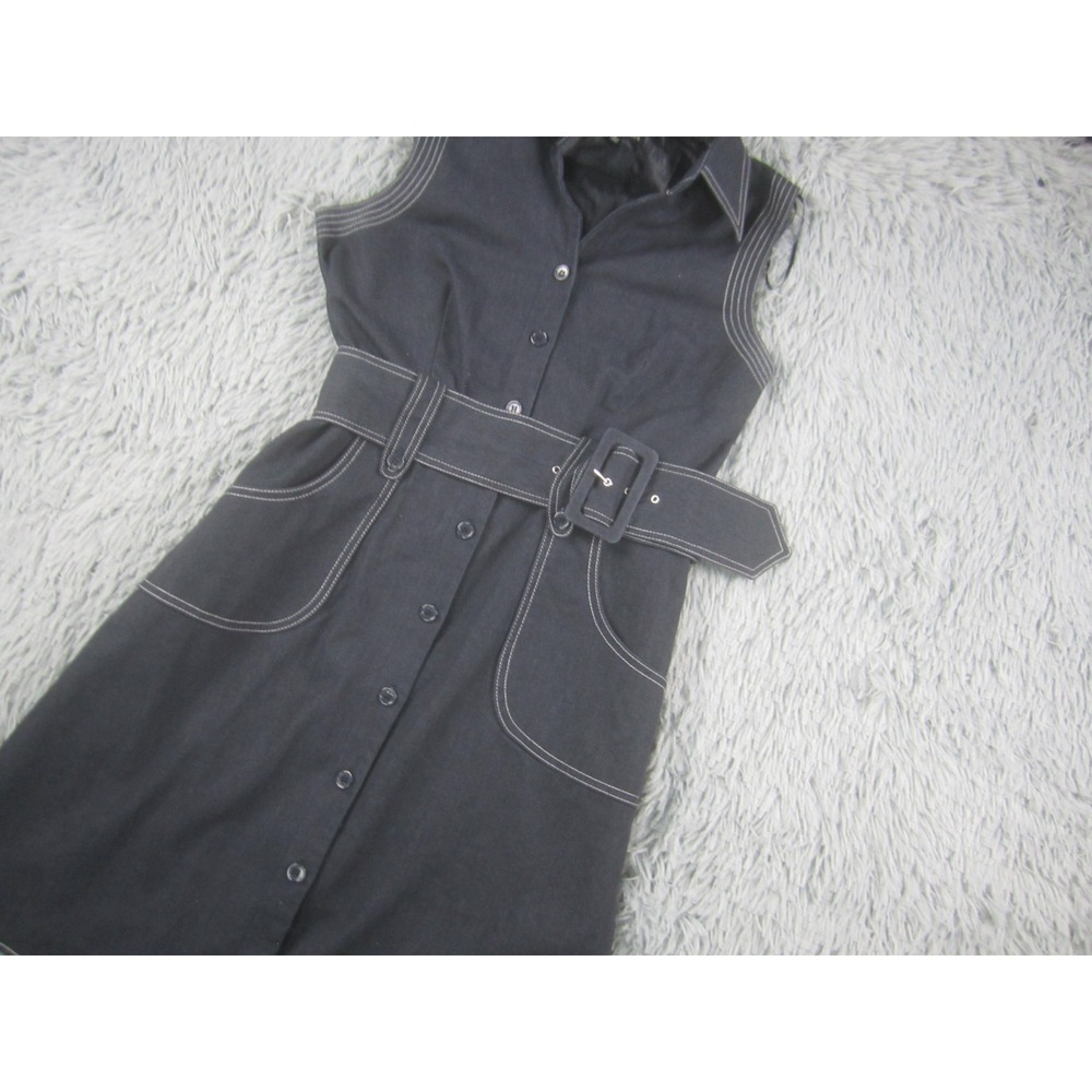 Sandra Darren Womens 10 Blue Denim-Look Sleeveless Belted Shirt Dress - Picture 2 of 10